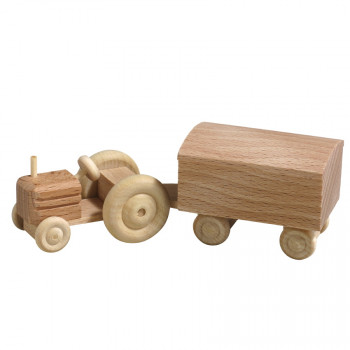 Miniatur Traktor mit Anhänger, Naturholz, Koffer