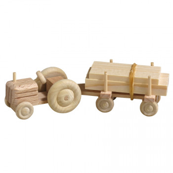 Miniatur Traktor mit Anhänger, Naturholz, Schnittholz
